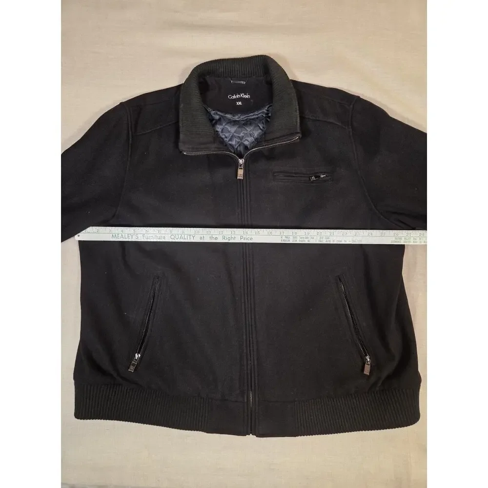 Vintage Calvin Klein Wool Bomber Jacket‎ Men’s 2XL Black Collared Designer Coat